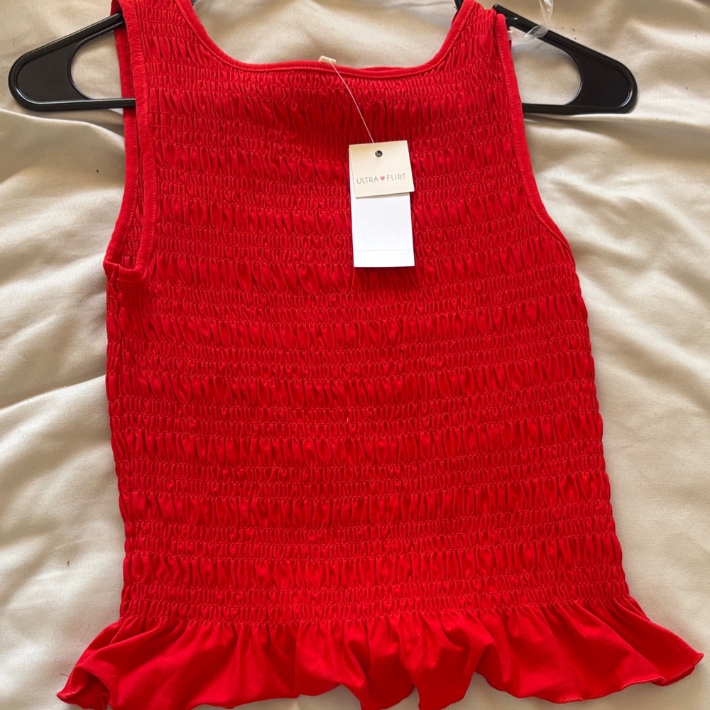 Ultra Flirt Bright Red Smocked Ruffle Hem Tank